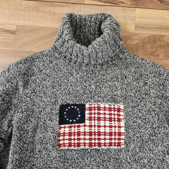 Ralph Lauren Sport Flag Sweater Knit Turtleneck Pullover Americana Gray Large - Picture 7 of 9